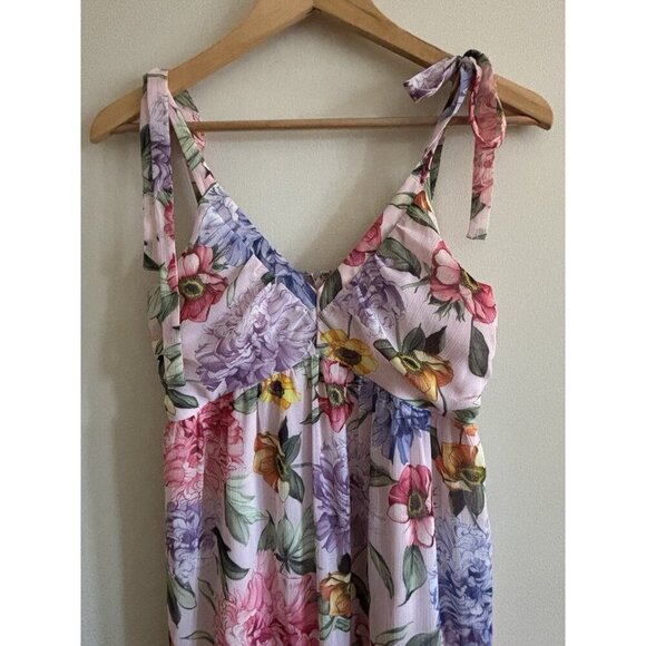 Express Pink Floral Spring Chiffon Tie Strap Tiered Maxi Dress Small Romantic - Picture 2 of 12